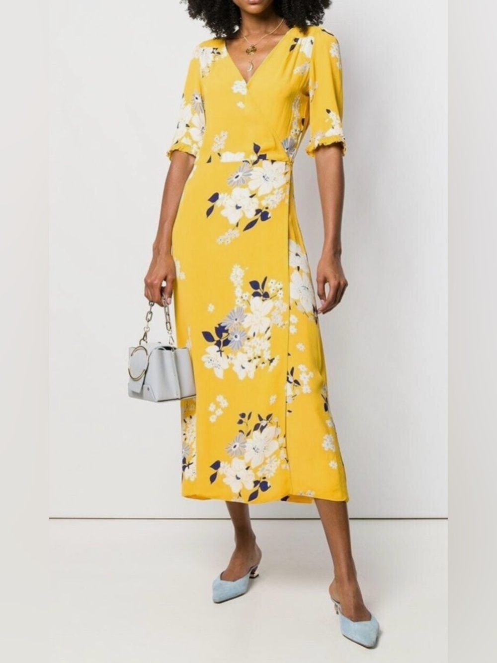 Sea New York Pia Midi Wrap Dress Floral Printed Ruffle Hawaiian Yellow Size‎ 2